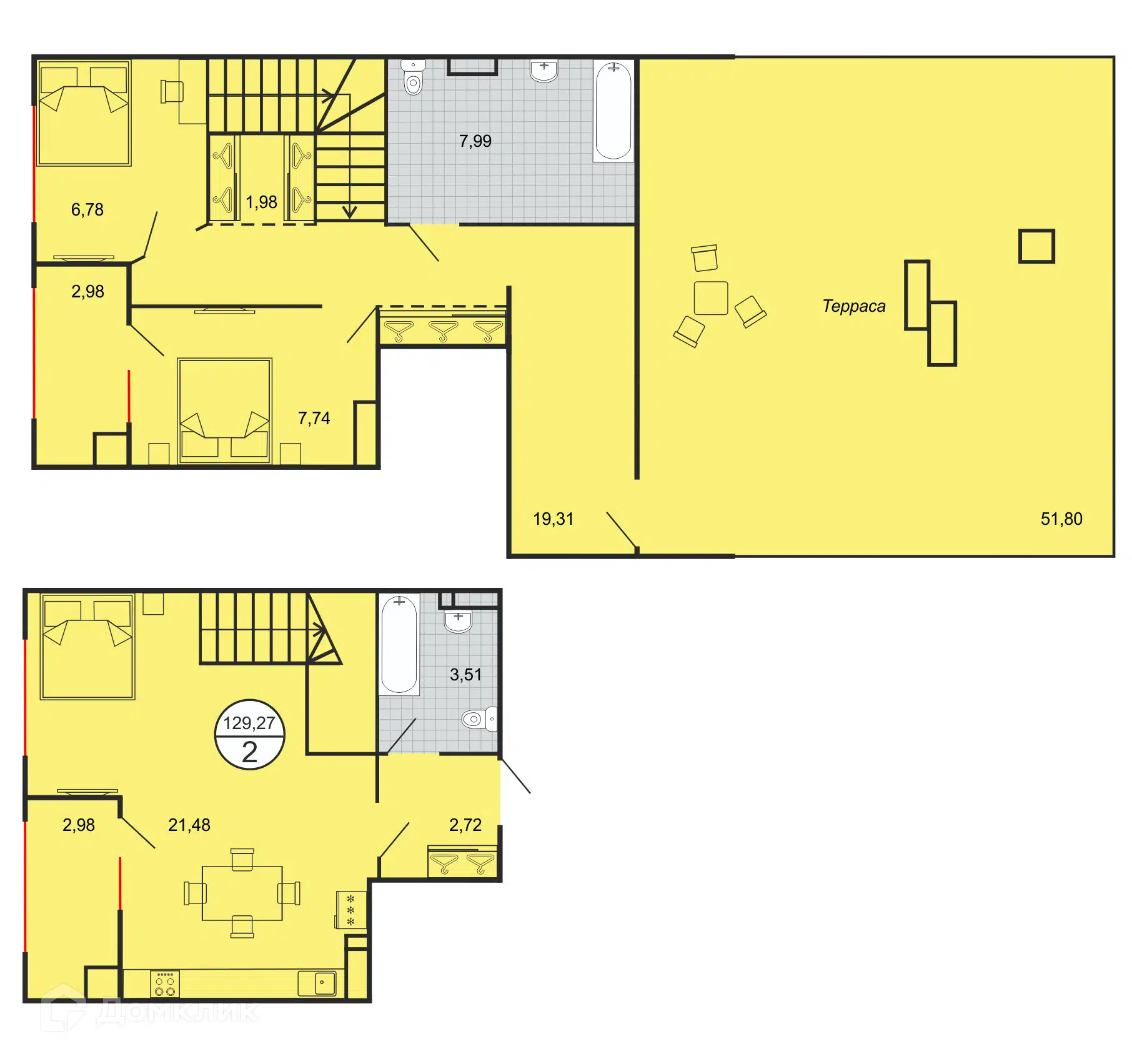 Планировка: 2-комн. квартира 129.27 м² в новостройке Дыхание