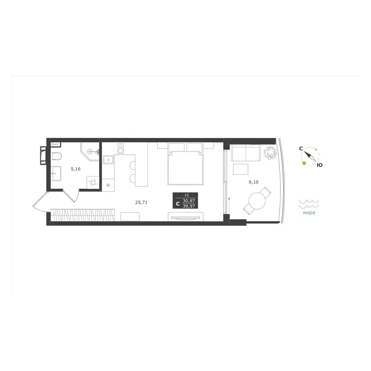 Планировка: Студия 39.97 м² в новостройке Апарт-комплекс Паруса мечты