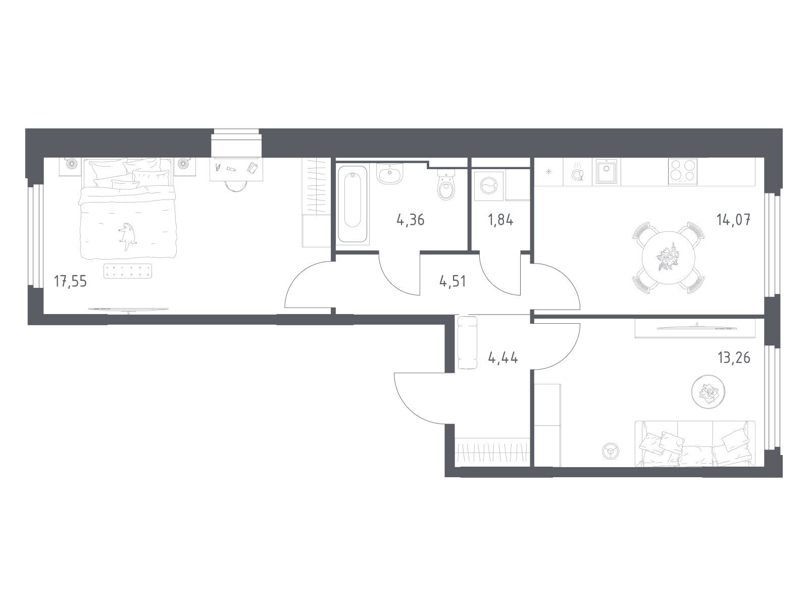 Планировка: 2-комн. квартира 60.03 м² в новостройке Космический квартал