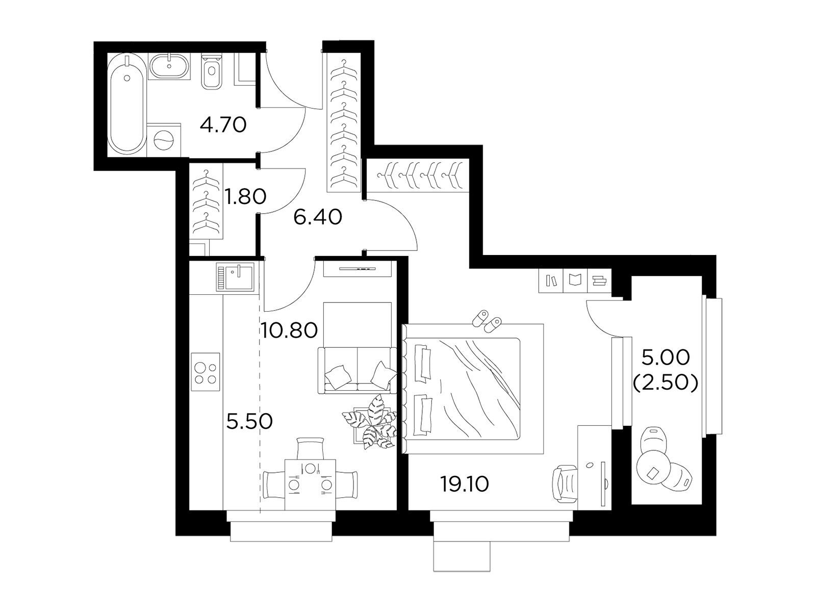 Планировка: 1-комн. квартира 48.40 м² в новостройке Новое Медведково