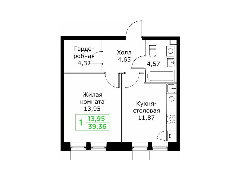 Планировка: 1-комн. квартира 39.36 м² в новостройке ЖК КИТ 2