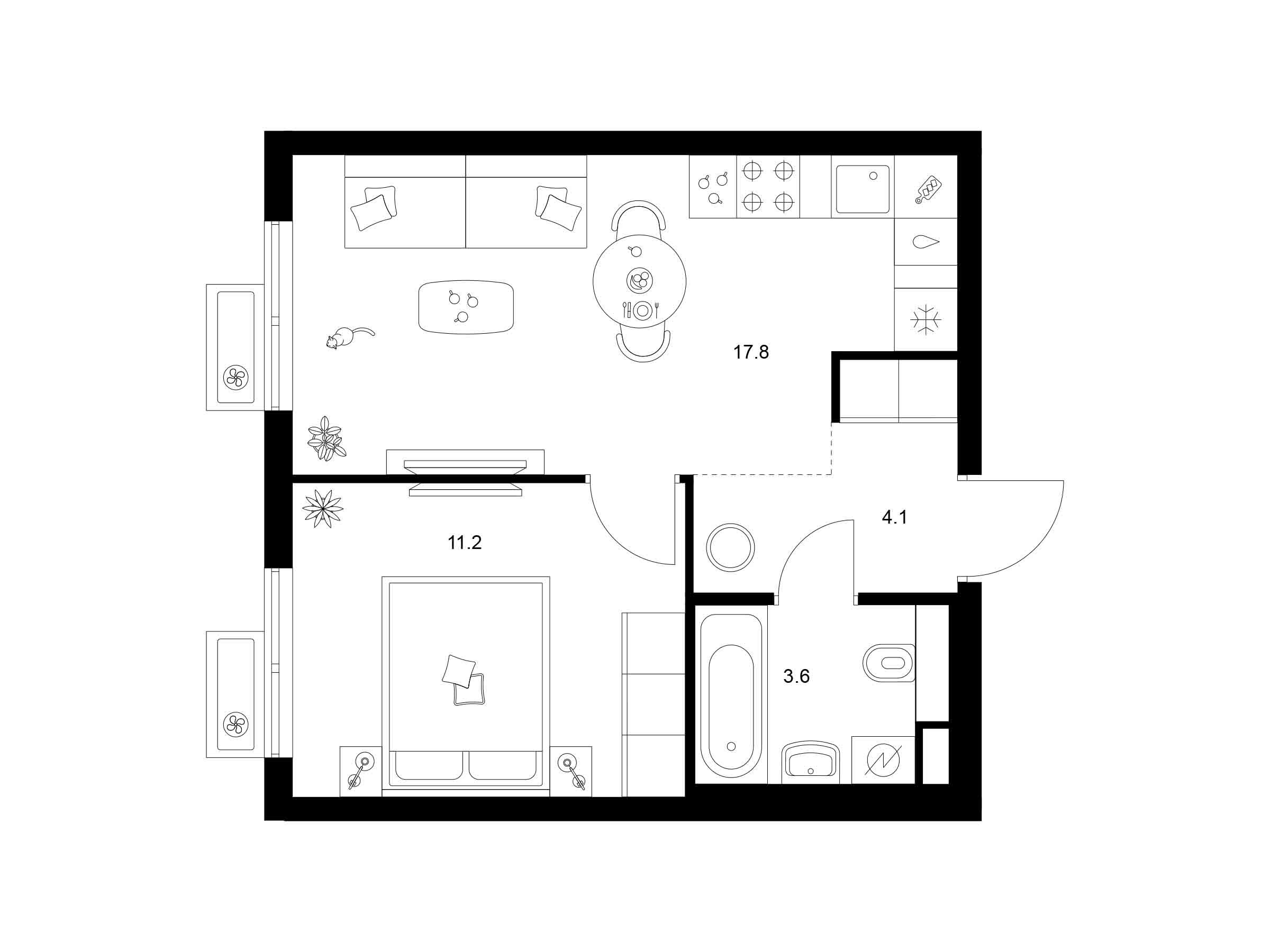 Планировка: 1-комн. квартира 36.70 м² в новостройке Ярославский