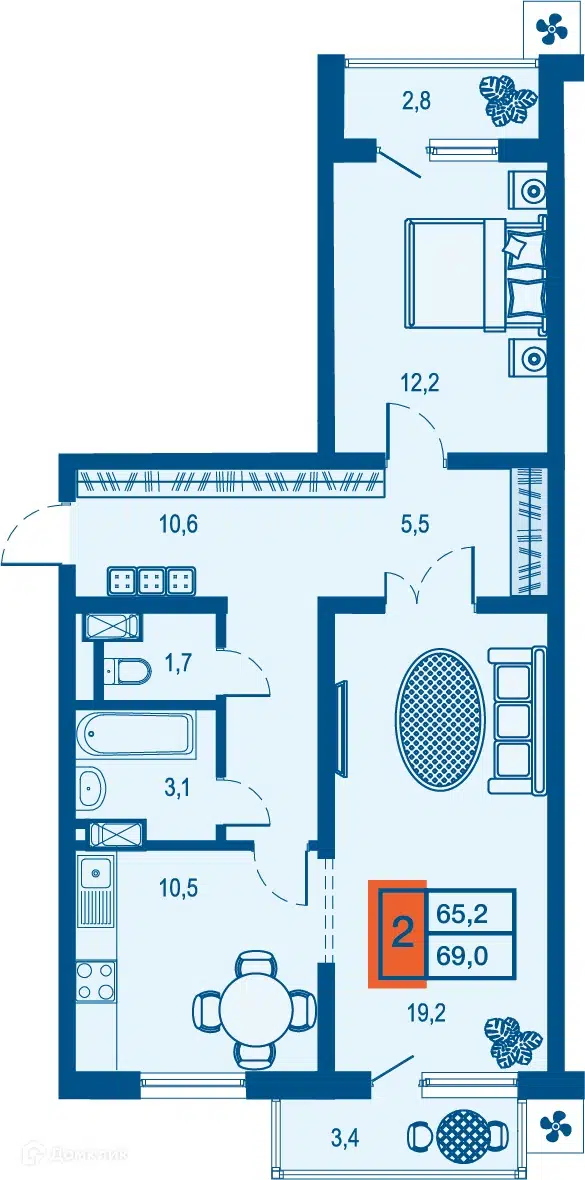 Планировка: 2-комн. квартира 65.20 м² в новостройке Дом у озера