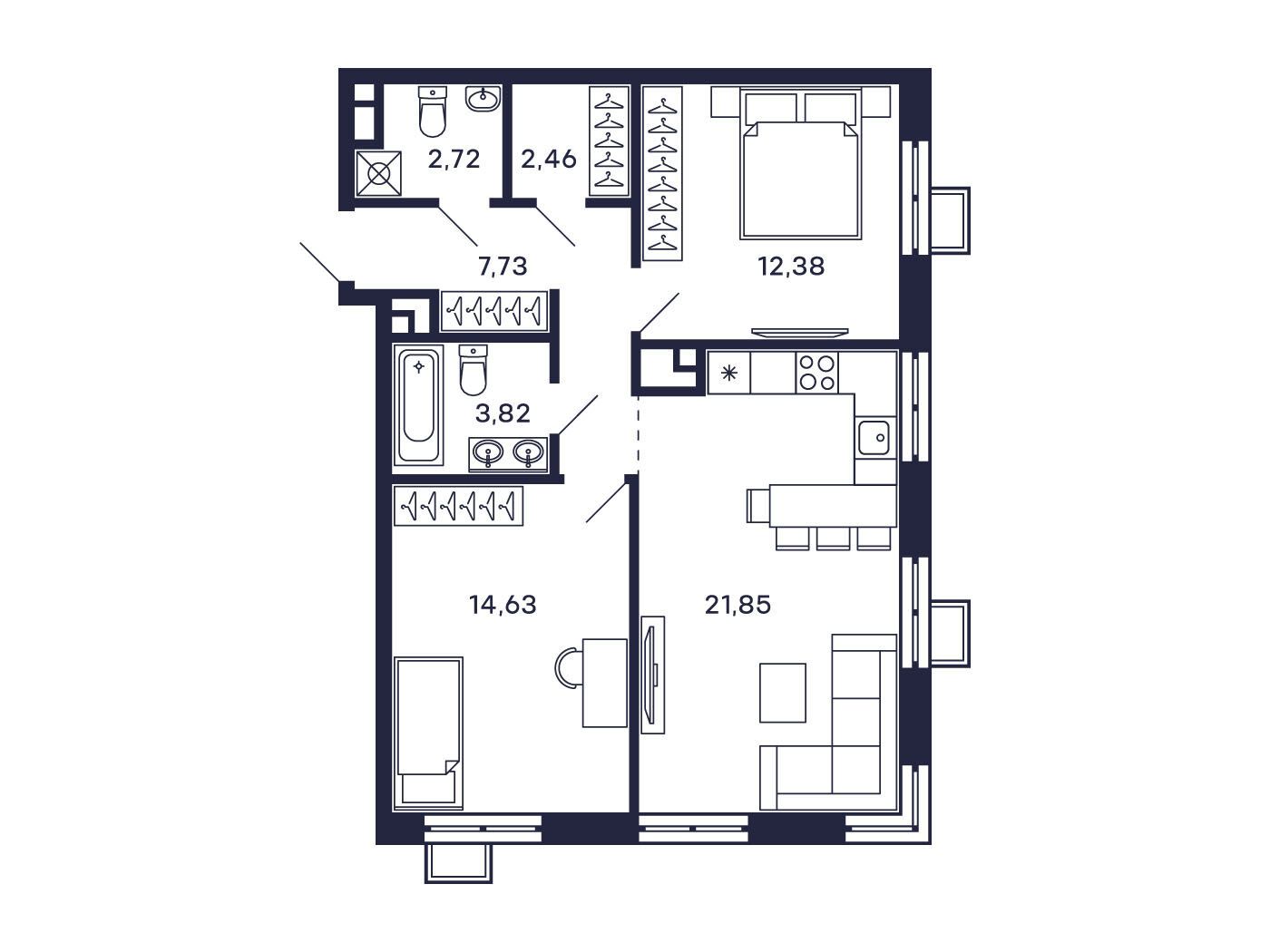 Планировка: 2-комн. квартира 67.33 м² в новостройке Тетрис
