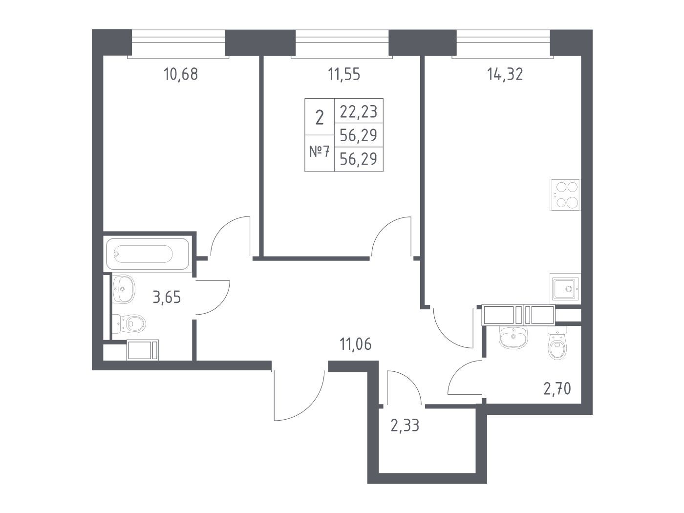 Планировка: 2-комн. квартира 56.29 м² в новостройке Эко Бунино