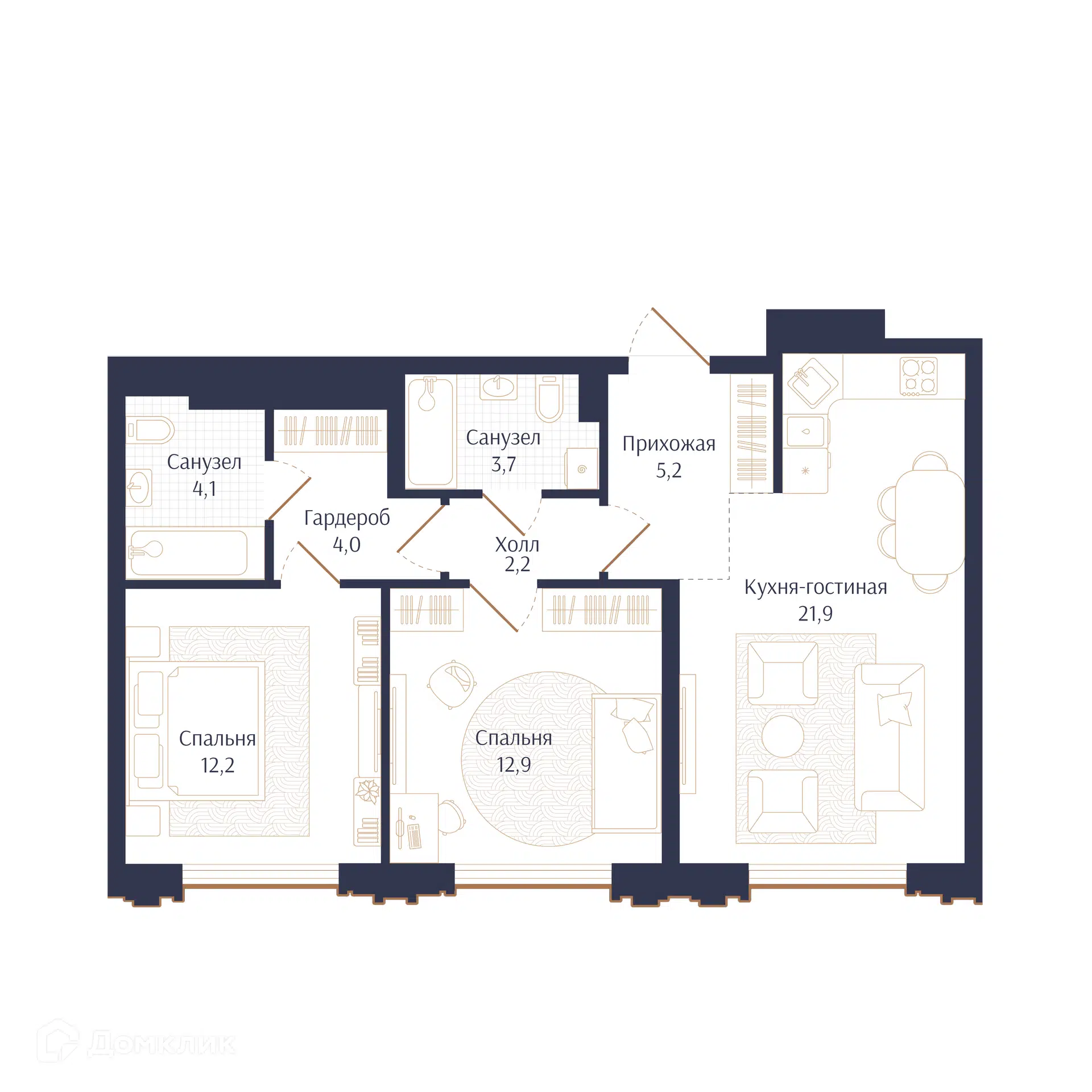 Планировка: 2-комн. квартира 66.20 м² в новостройке Брют Резиденс