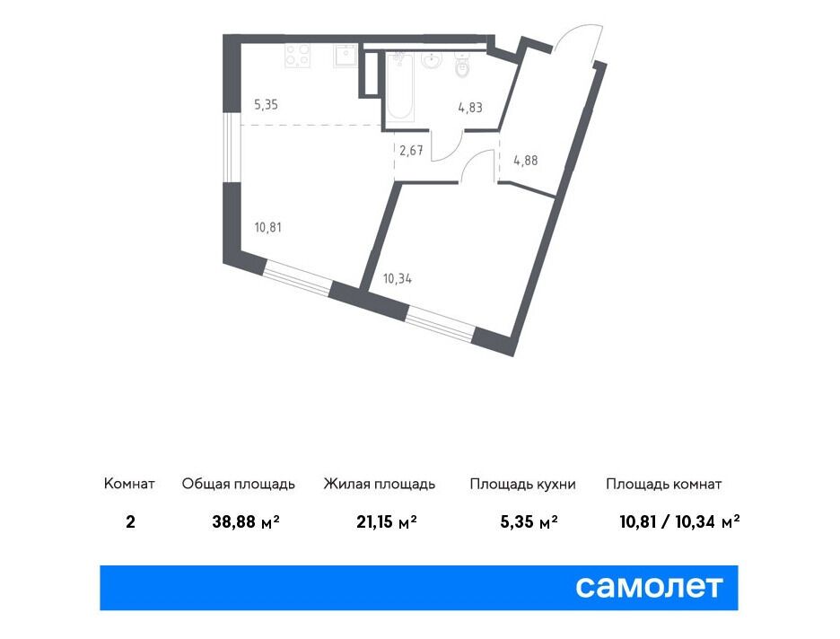 Планировка: 1-комн. квартира 38.88 м² в новостройке ЖК Лаголово