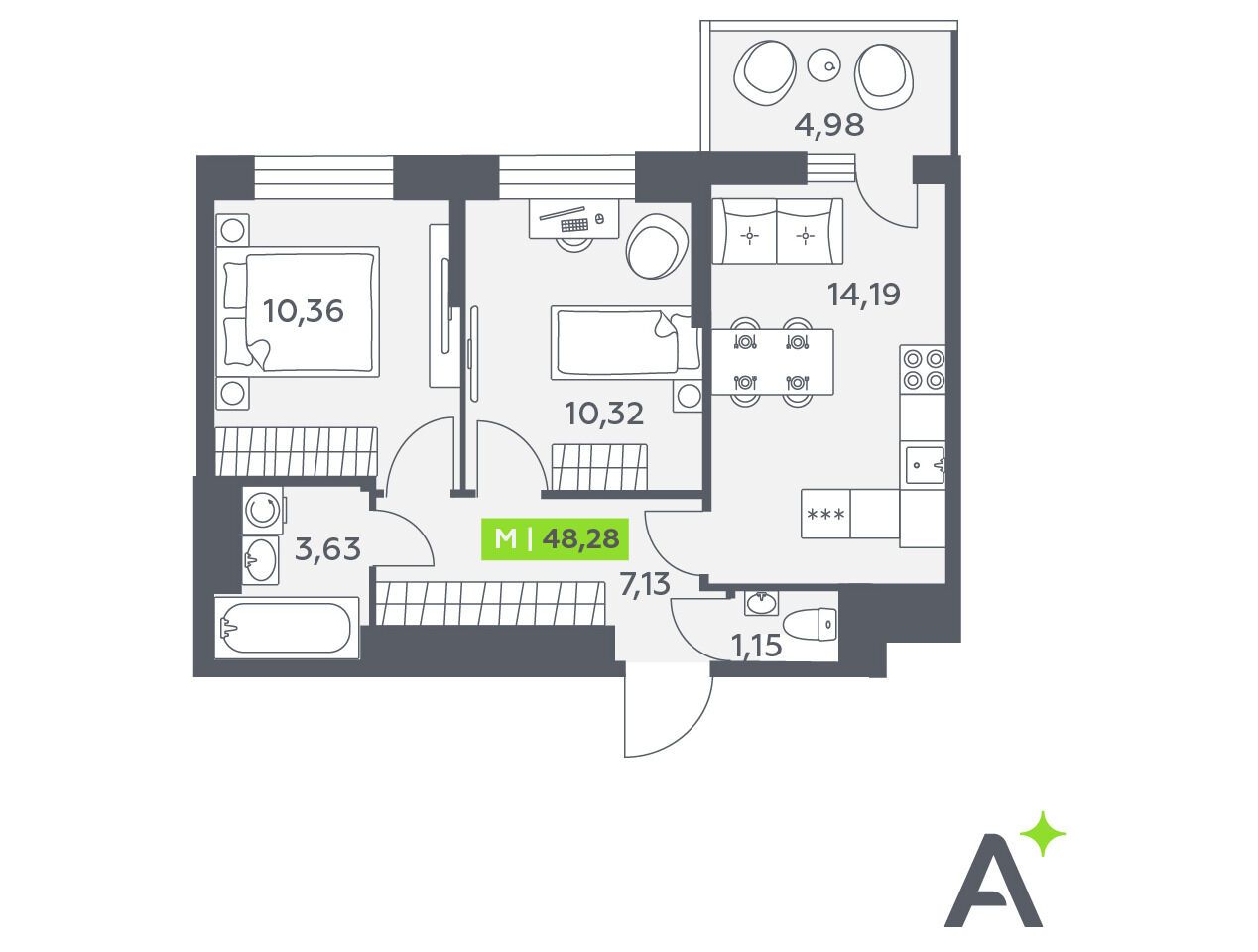 Планировка: 3-комн. квартира 48.28 м² в новостройке Аквилон Верба