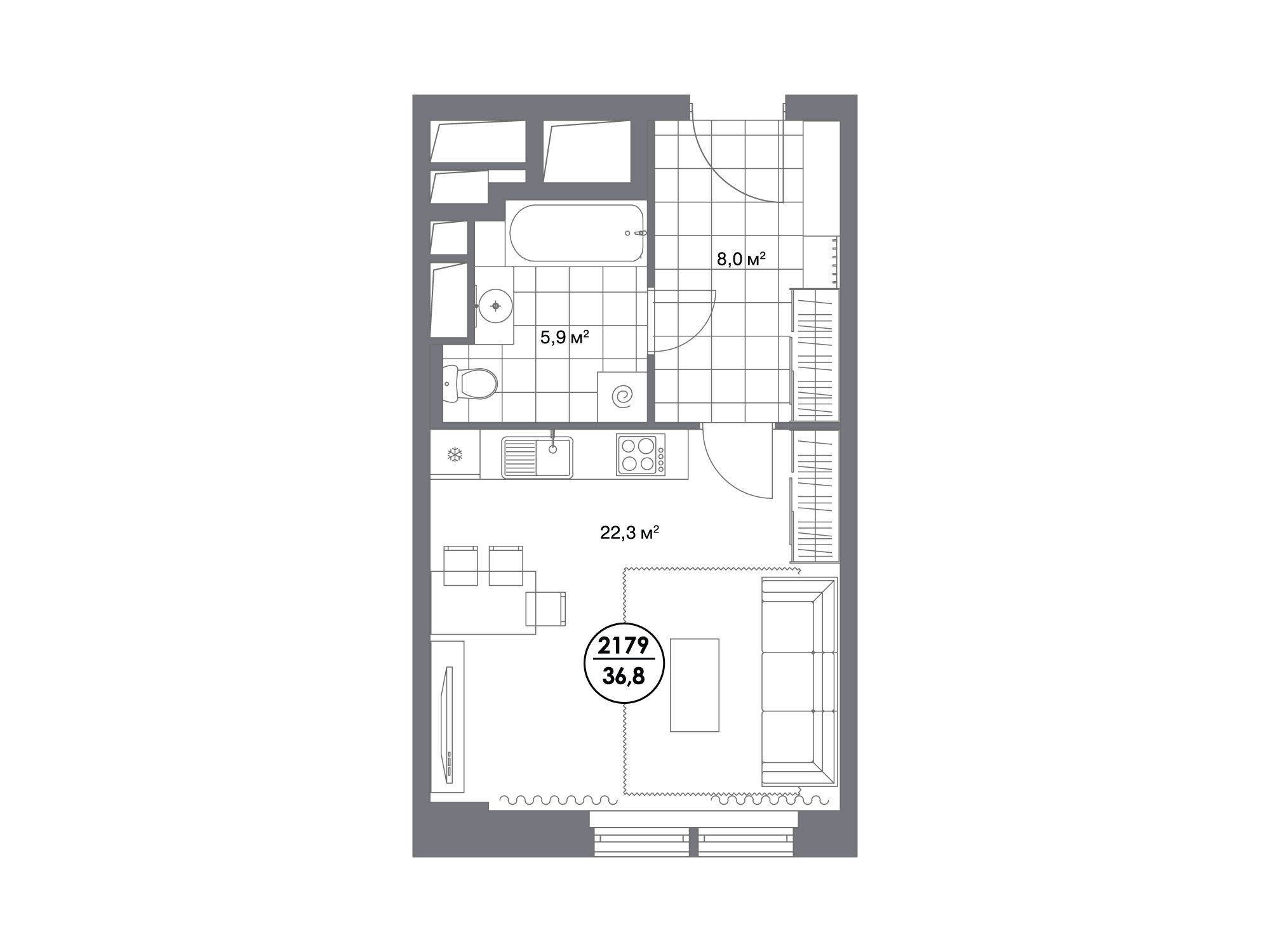 Планировка: Студия 36.80 м² в новостройке Матч Поинт