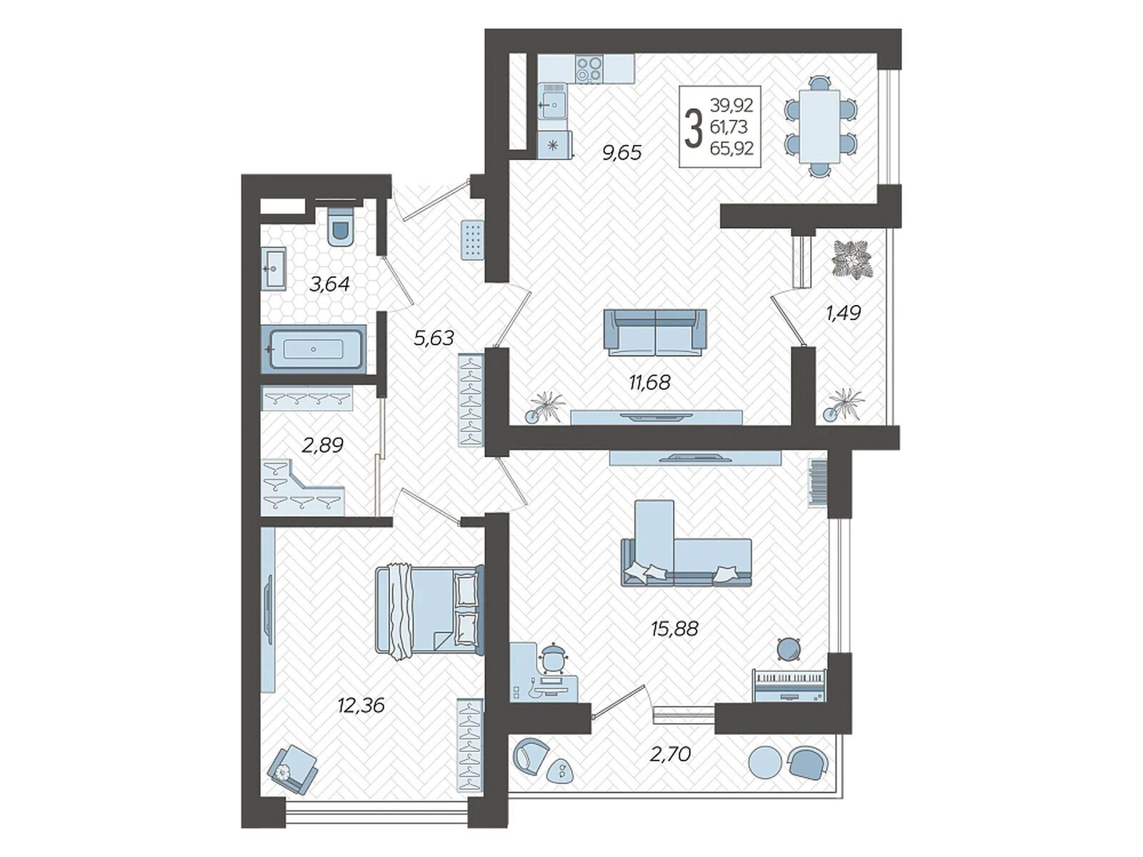 Планировка: 3-комн. квартира 65.92 м² в новостройке Кислород