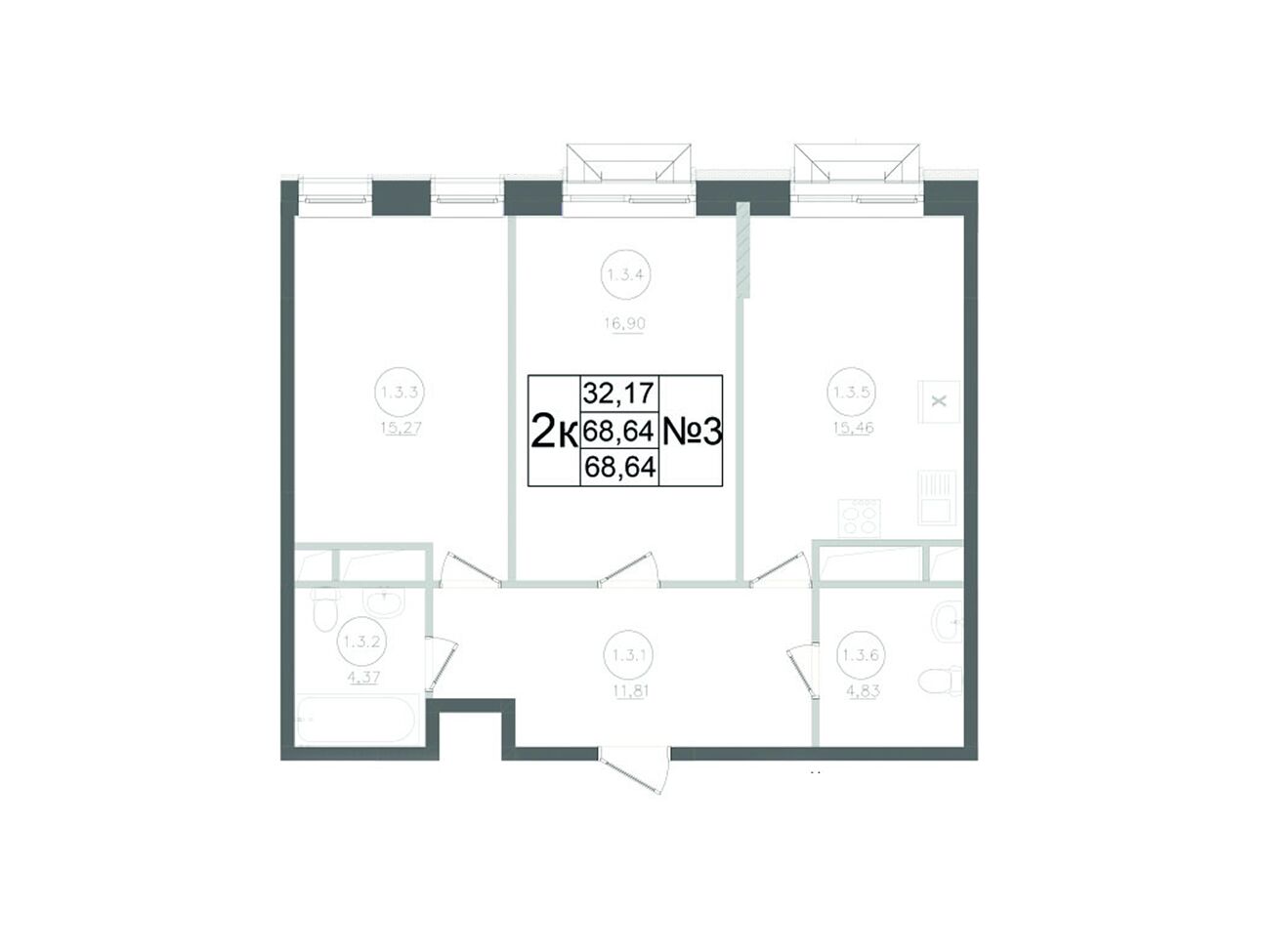 Планировка: 2-комн. квартира 68.64 м² в новостройке Авиатор-2