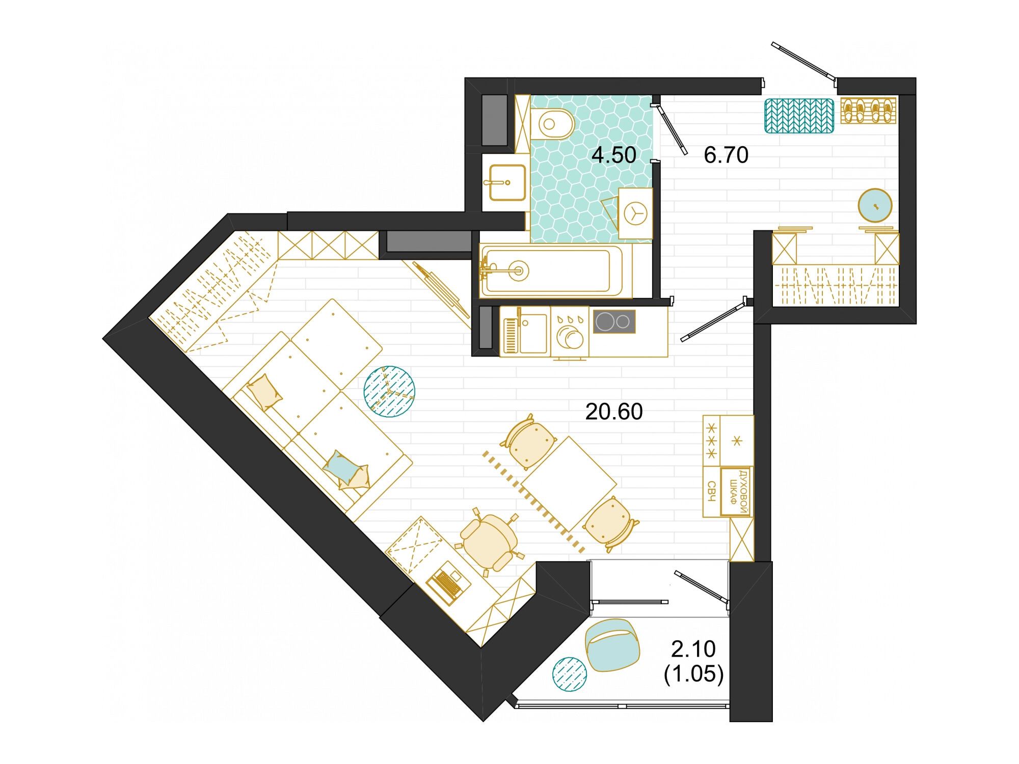 Планировка: Студия 32.85 м² в новостройке Оптима