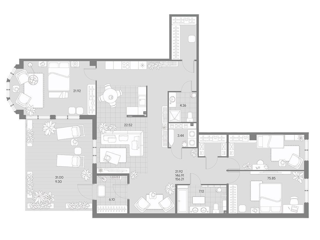 Планировка: 3-комн. квартира 152.10 м² в новостройке Амо