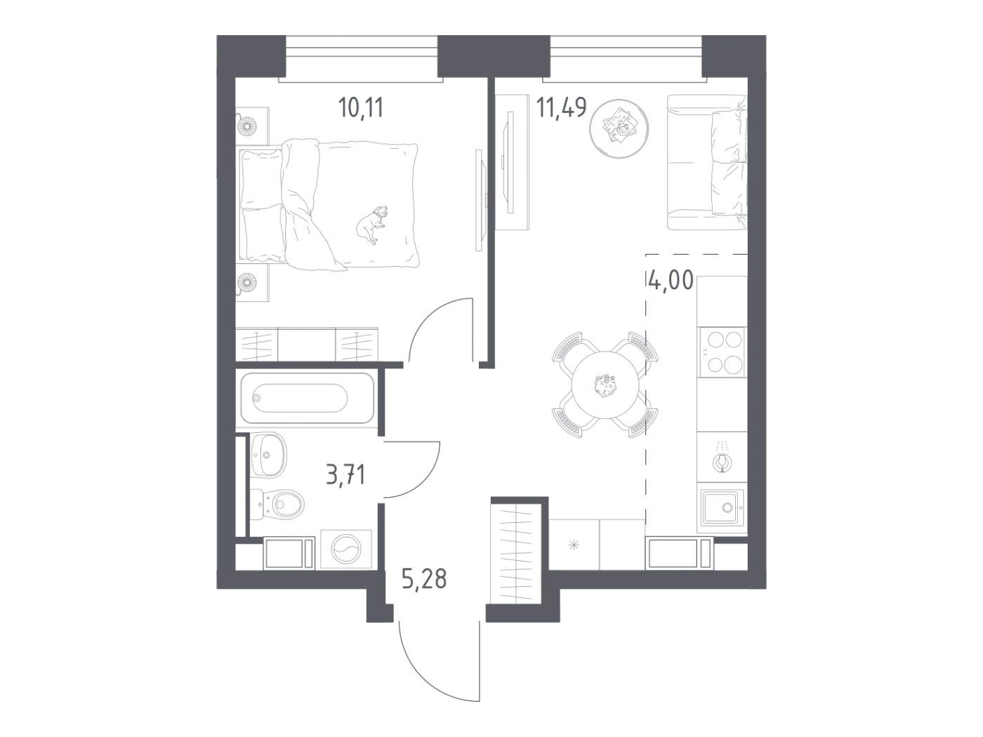 Планировка: 1-комн. квартира 34.59 м² в новостройке Эко Бунино