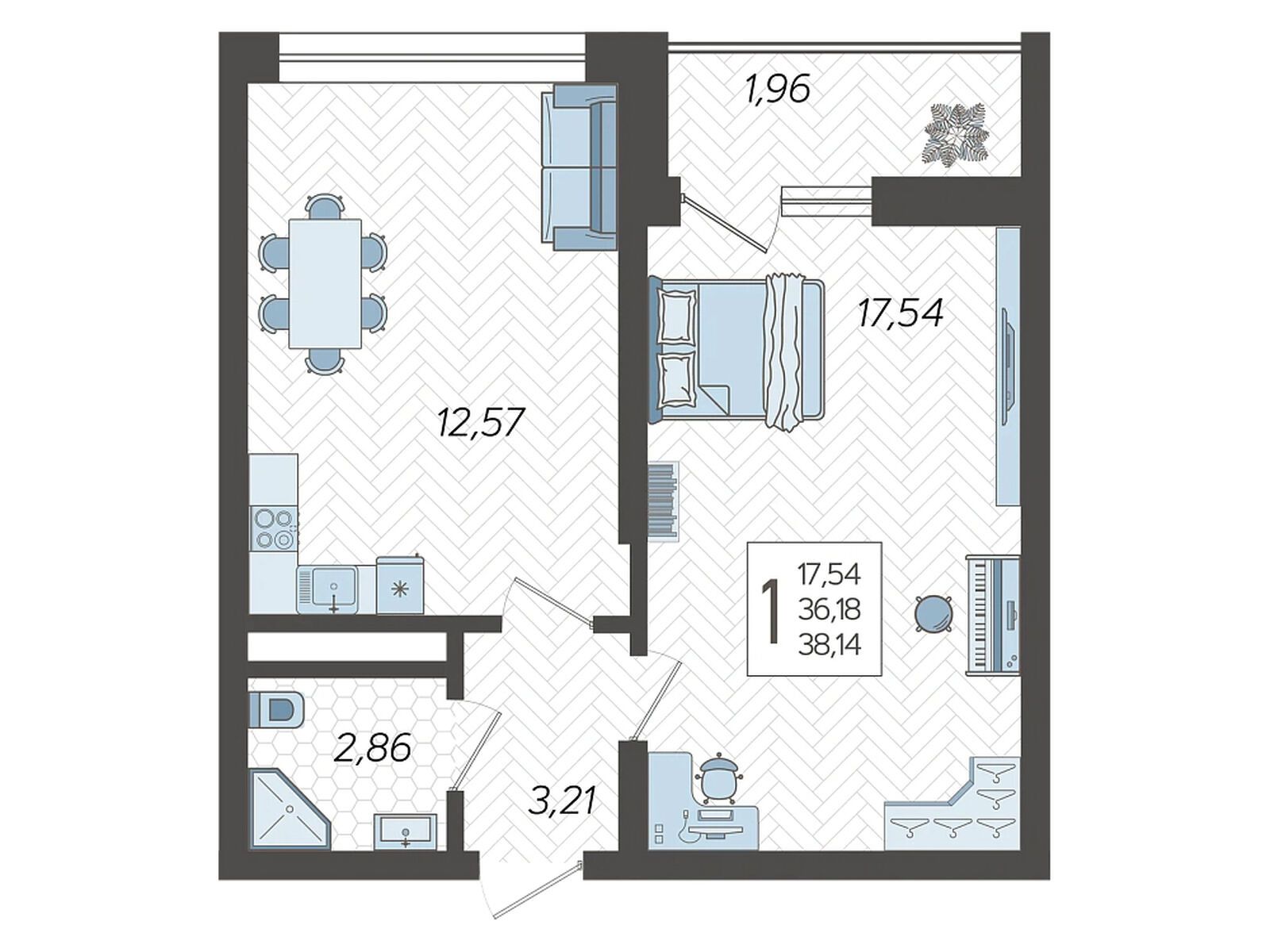 Планировка: 1-комн. квартира 38.14 м² в новостройке Кислород