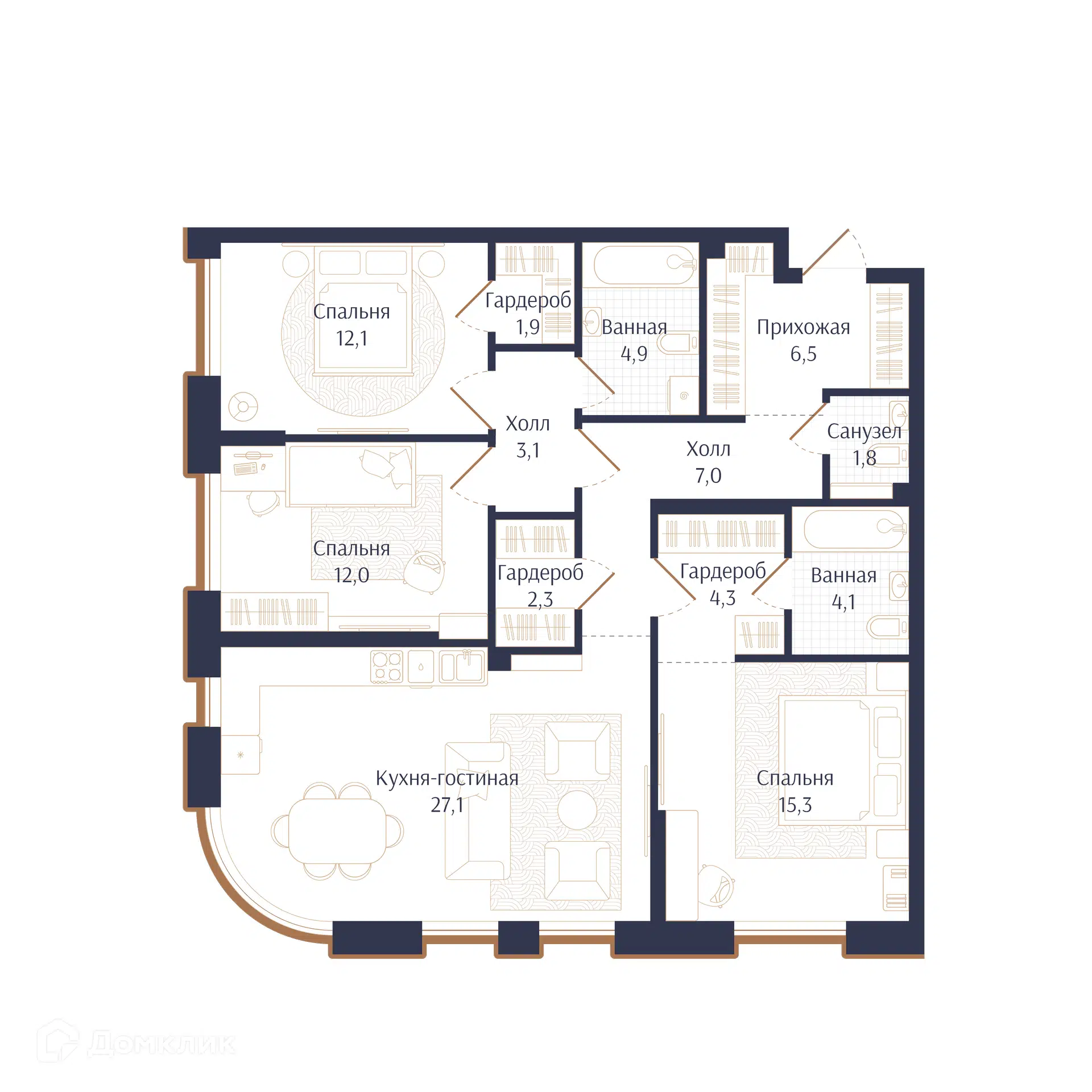 Планировка: 3-комн. квартира 102.40 м² в новостройке Брют Резиденс