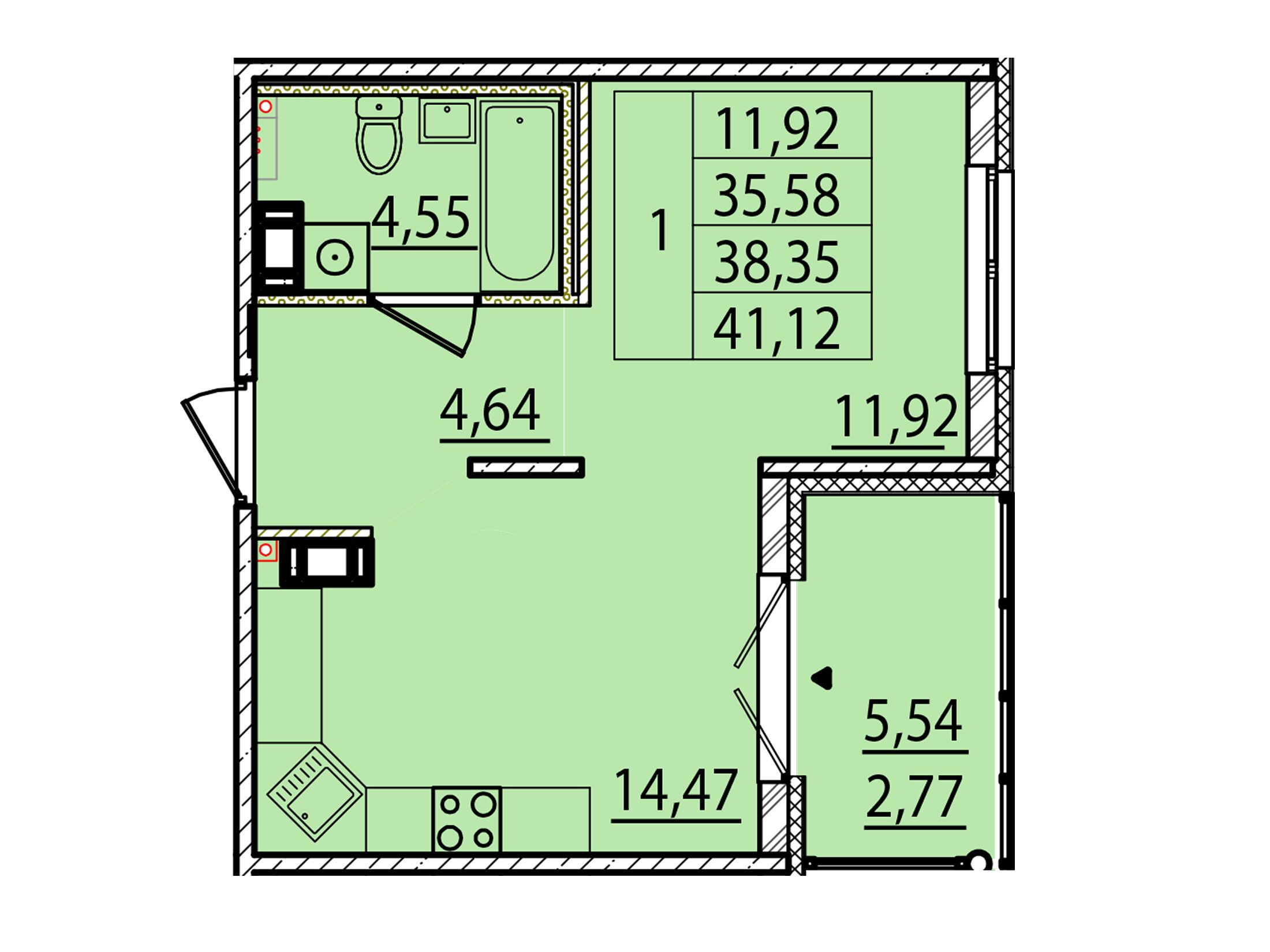 Планировка: 1-комн. квартира 35.58 м² в новостройке Образцовый квартал 15