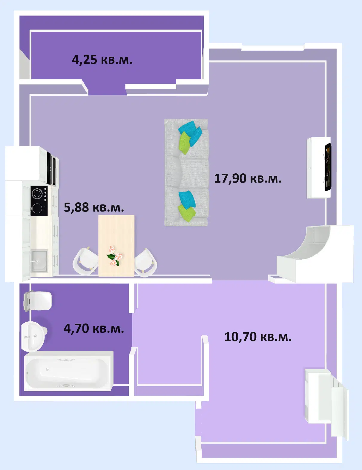 Планировка: 1-комн. квартира 43.43 м² в новостройке Успех