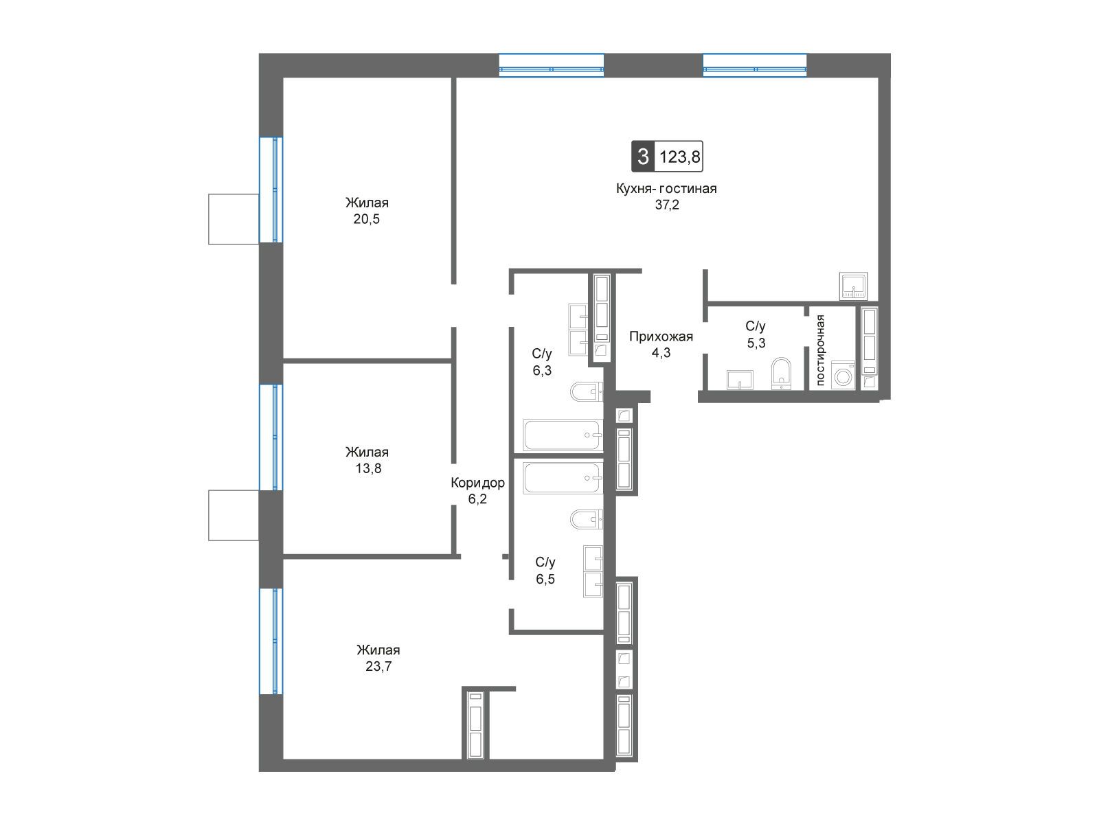 Планировка: 3-комн. квартира 123.80 м² в новостройке Отрада