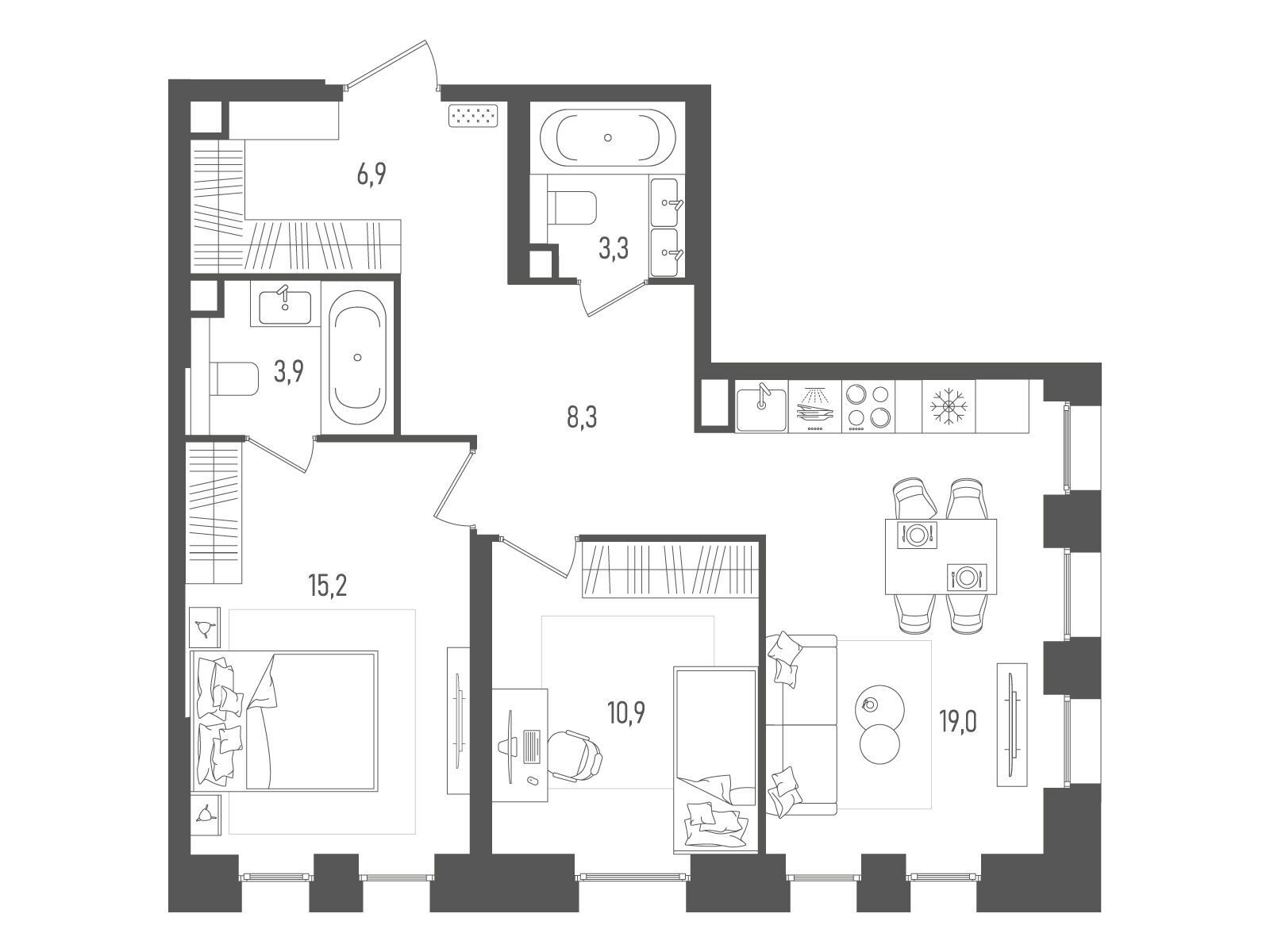 Планировка: 2-комн. квартира 67.50 м² в новостройке Пейв