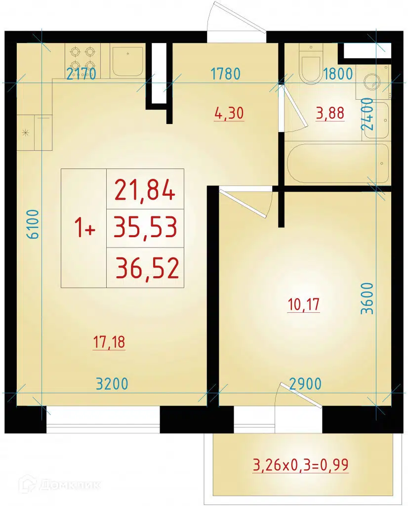 Планировка: 1-комн. квартира 36.52 м² в новостройке ЖК Мега2