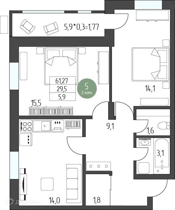 Планировка: 2-комн. квартира 61.27 м² в новостройке Лермонтов