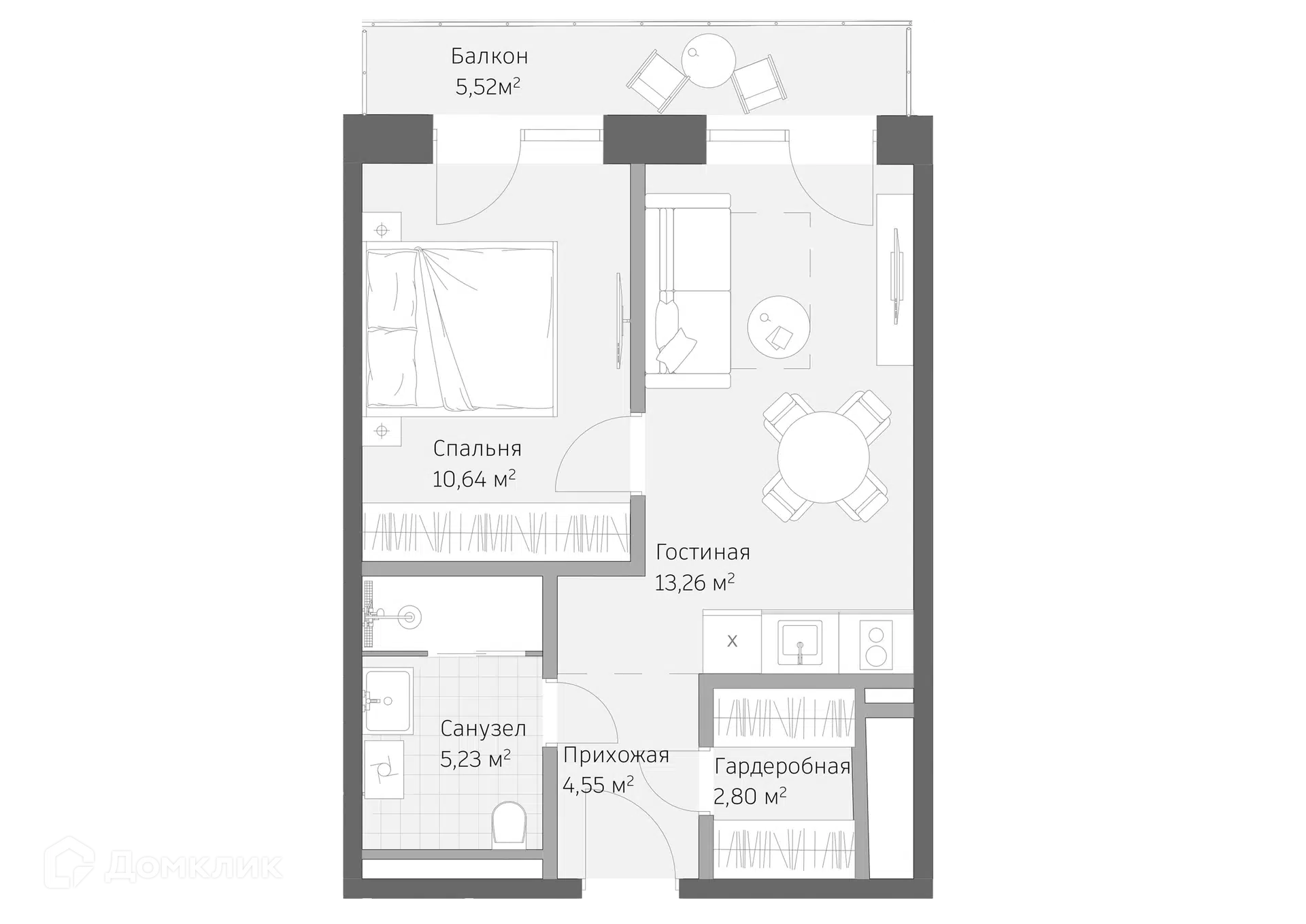 Планировка: 2-комн. квартира 42.00 м² в новостройке Реликт