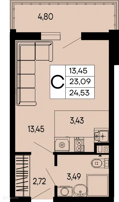 Планировка: Студия 24.53 м² в новостройке Эпос