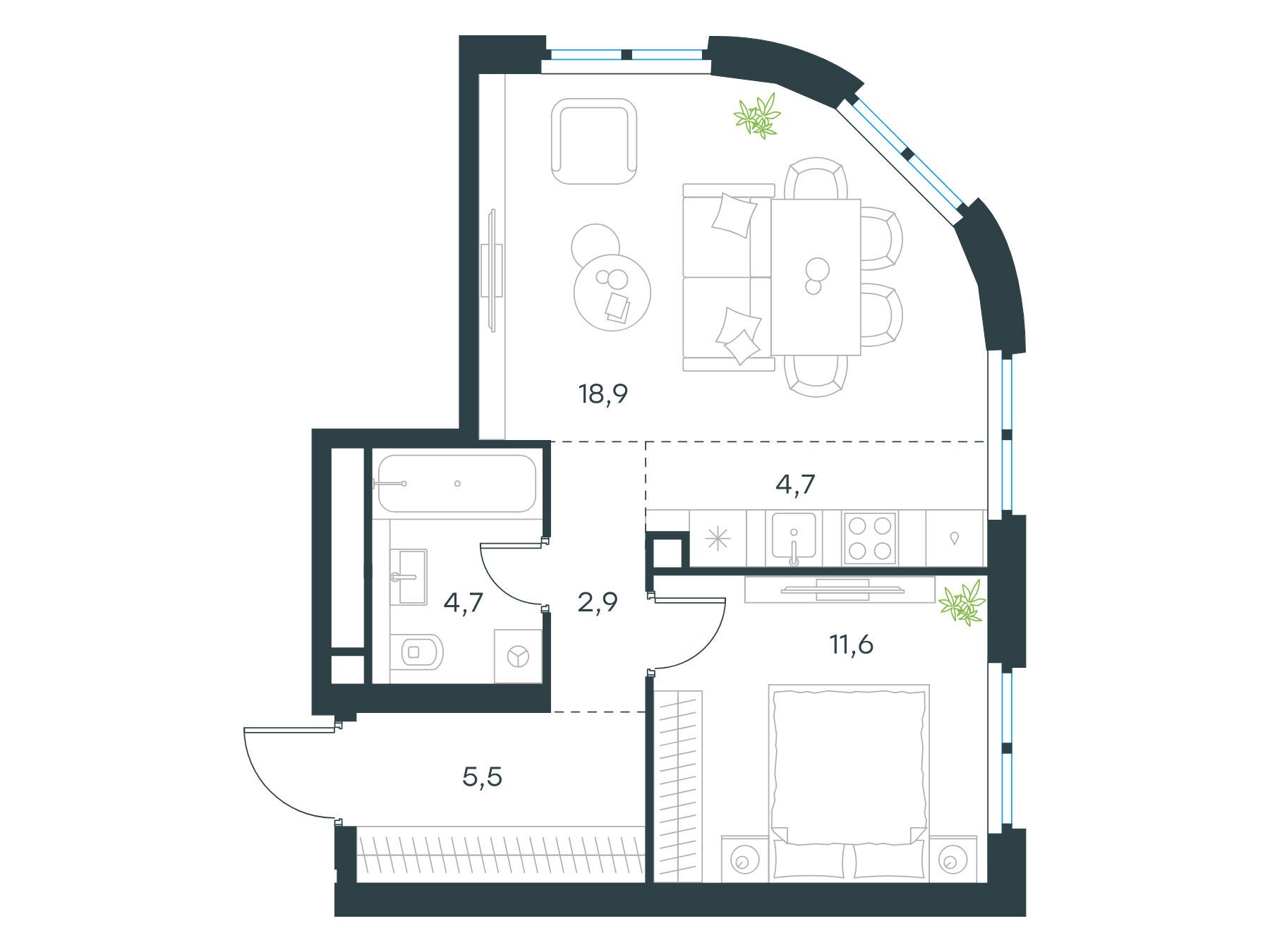Планировка: 2-комн. квартира 48.30 м² в новостройке Левел Нижегородская