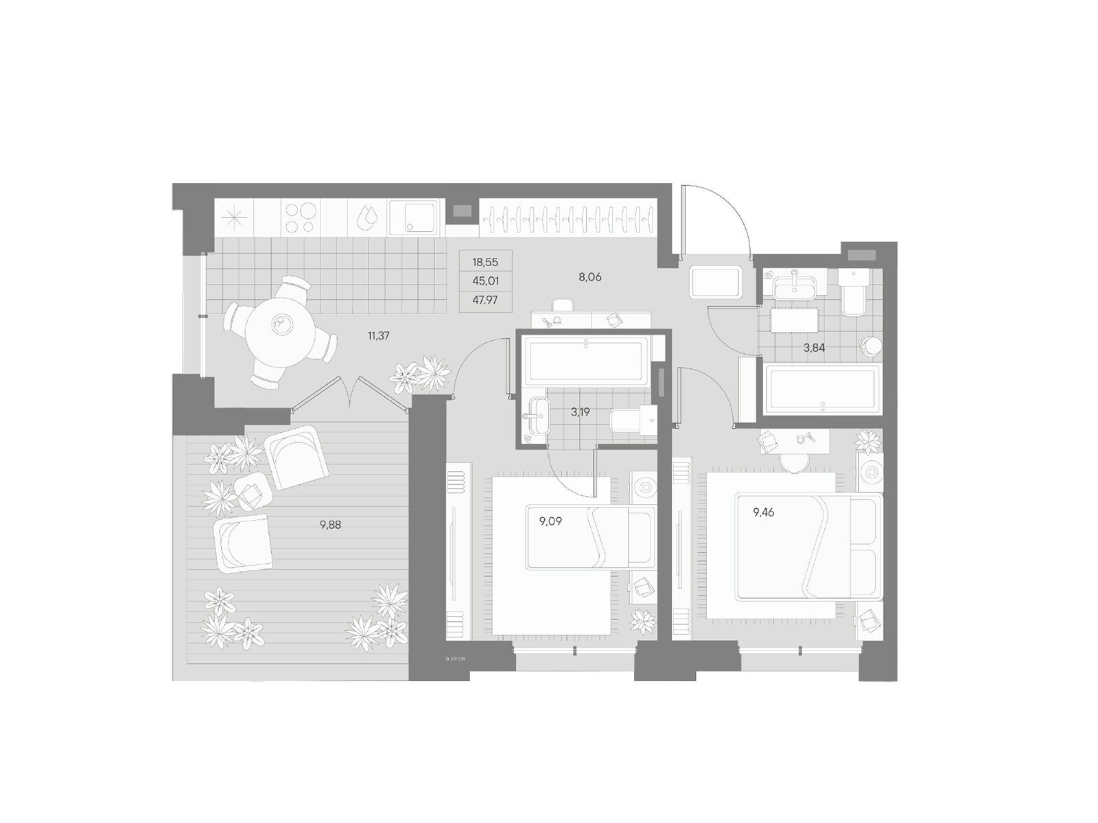 Планировка: 2-комн. квартира 47.97 м² в новостройке Альпен