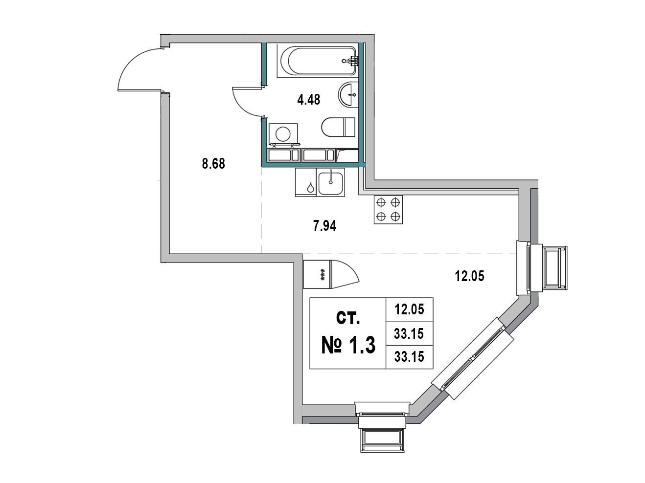 Планировка: Студия 33.15 м² в новостройке Новый город