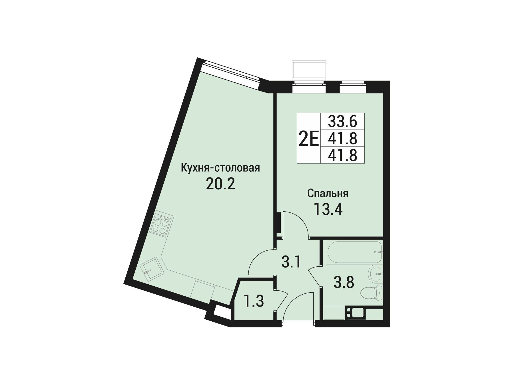 Планировка: 2-комн. квартира 41.80 м² в новостройке Дом в Малаховке