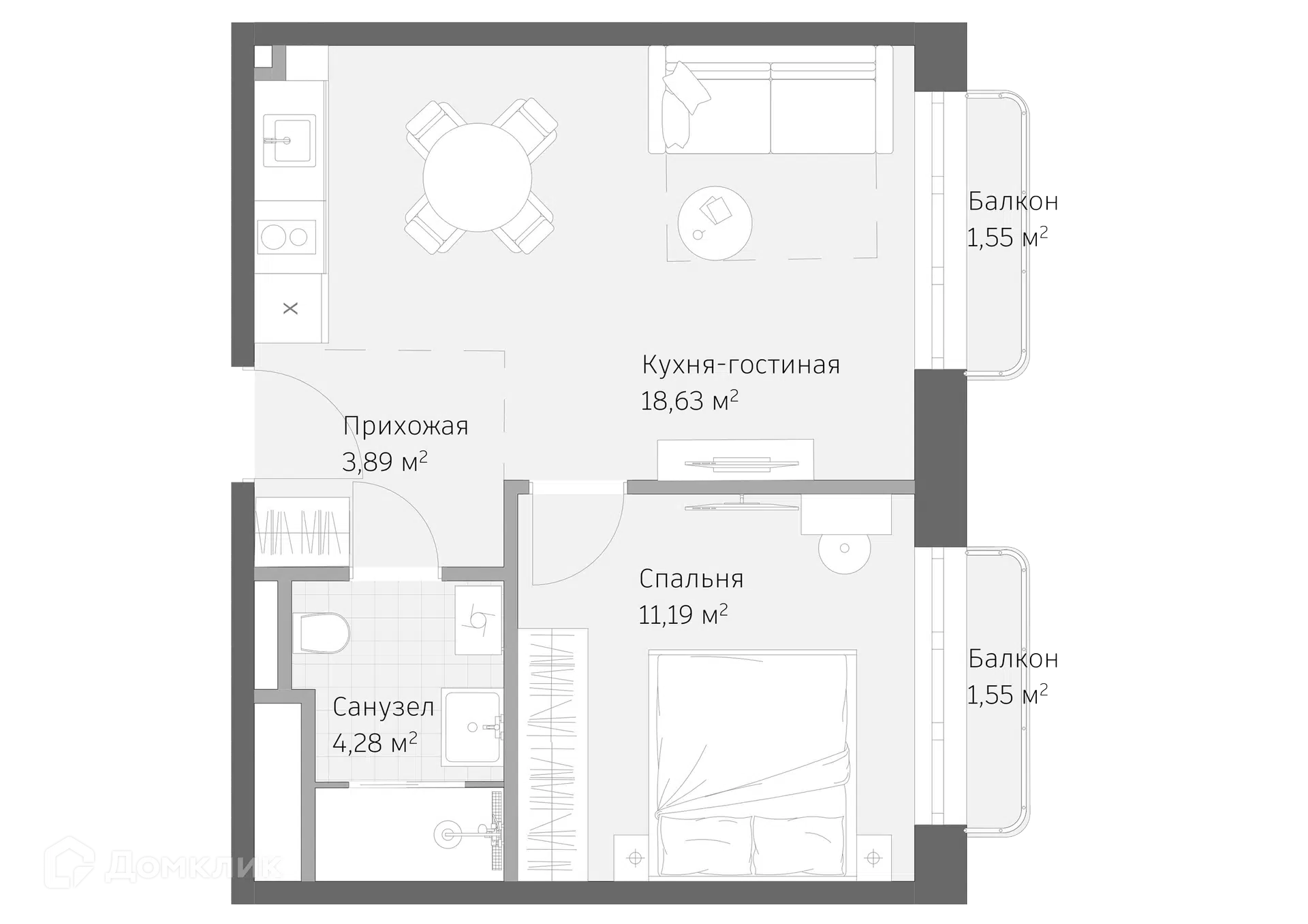 Планировка: 2-комн. квартира 41.09 м² в новостройке Реликт