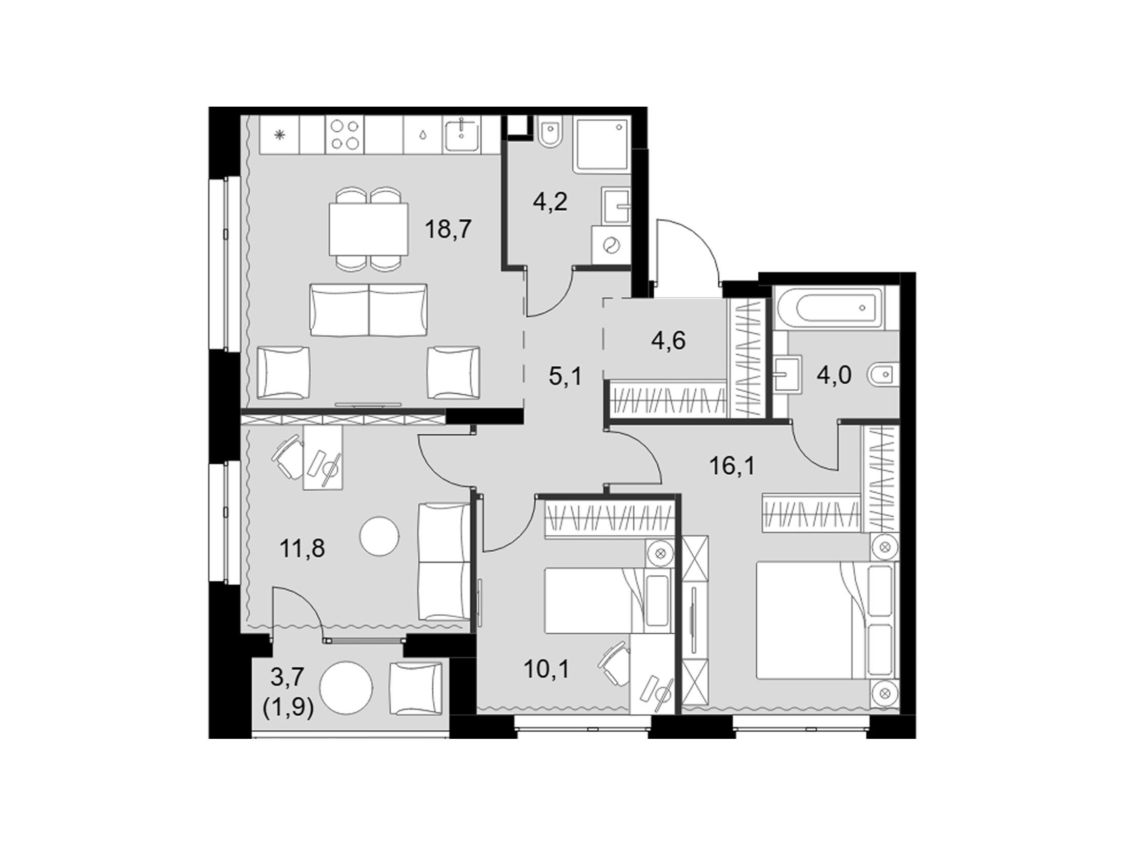 Планировка: 4-комн. квартира 76.50 м² в новостройке Симоновский вал