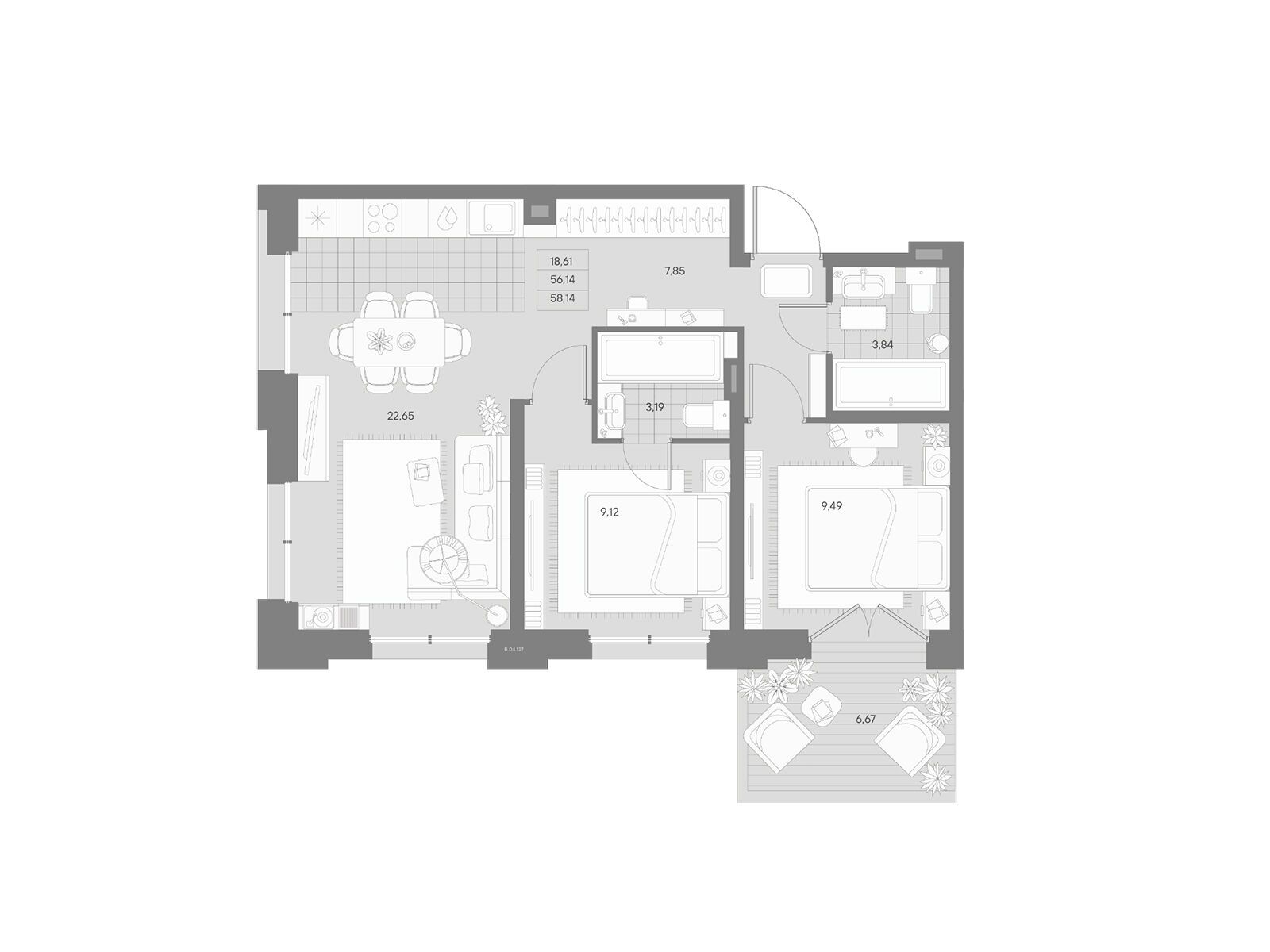 Планировка: 2-комн. квартира 58.14 м² в новостройке Альпен