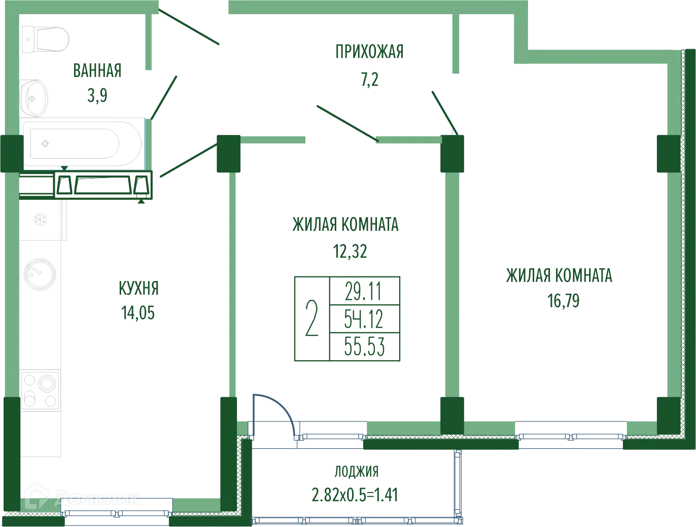 Планировка: 2-комн. квартира 56.85 м² в новостройке Екатерининский парк