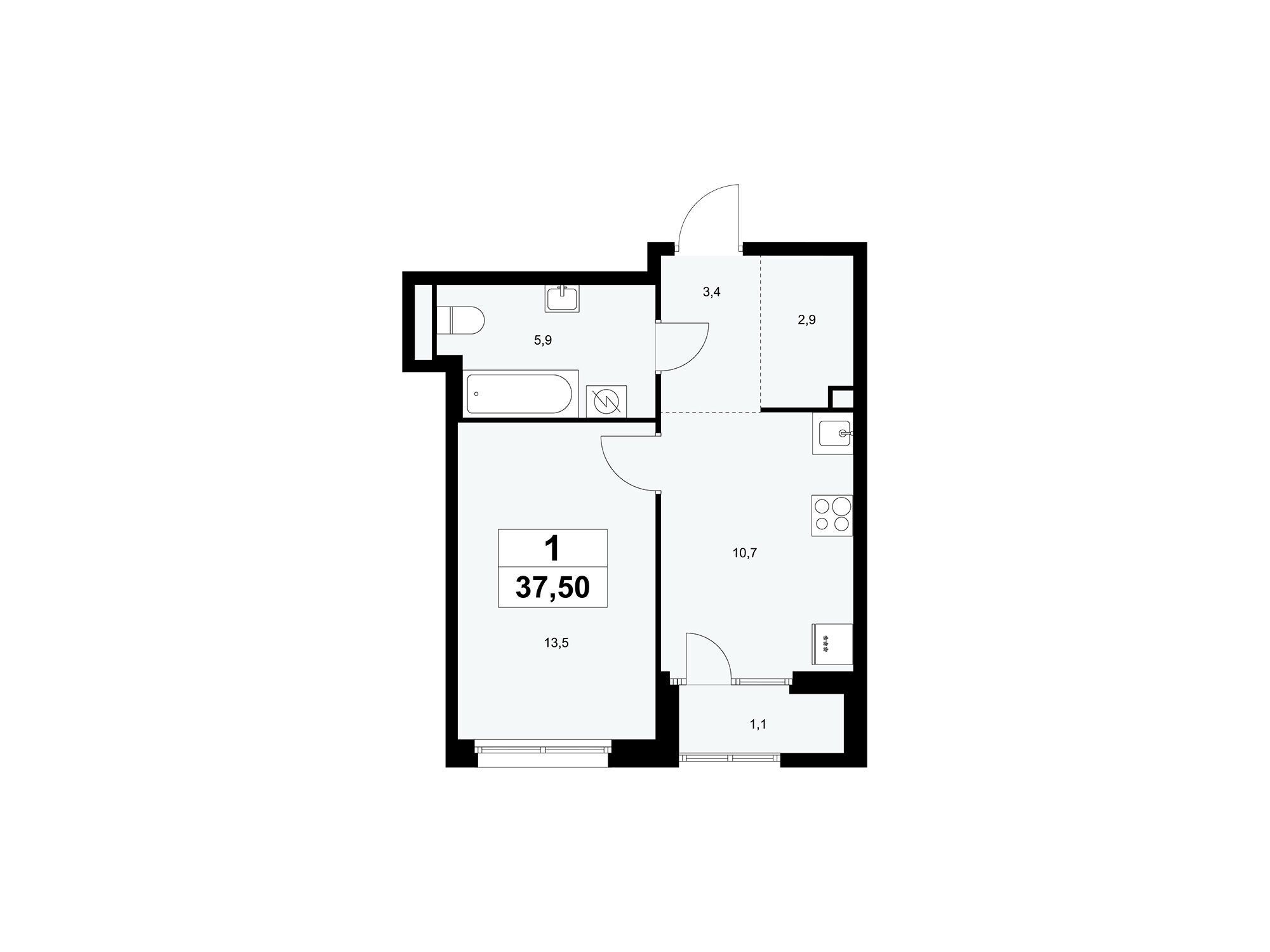 Планировка: 1-комн. квартира 37.60 м² в новостройке Дом на Зорге