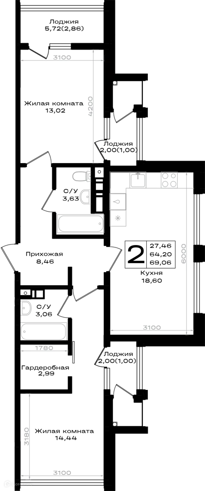 Планировка: 2-комн. квартира 69.06 м² в новостройке Южно-Н