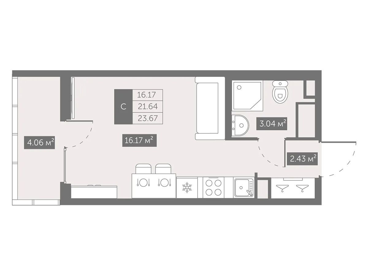 Планировка: Студия 23.67 м² в новостройке Новый Московский