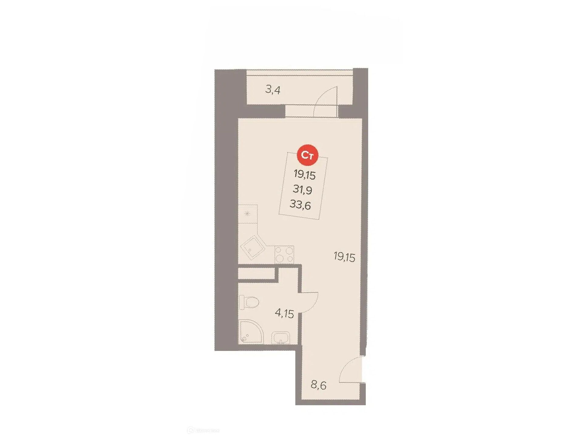 Планировка: Студия 33.70 м² в новостройке Отлично
