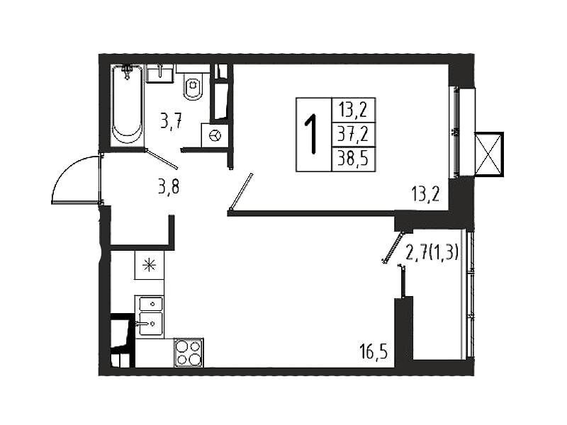 Планировка: 1-комн. квартира 38.50 м² в новостройке Берег