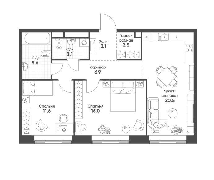 Планировка: 2-комн. квартира 69.20 м² в новостройке Мариин Парк