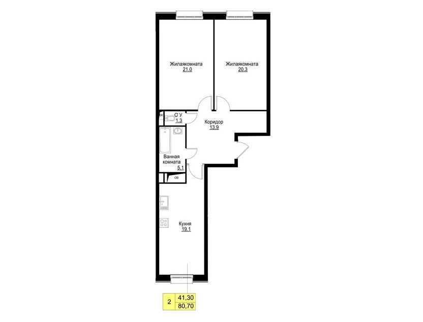 Планировка: 2-комн. квартира 80.70 м² в новостройке Корица