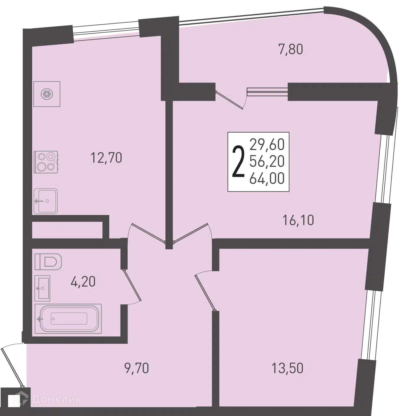 Планировка: 2-комн. квартира 64.00 м² в новостройке Огурцы