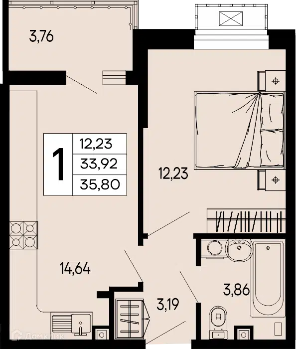 Планировка: 1-комн. квартира 35.80 м² в новостройке Эпос