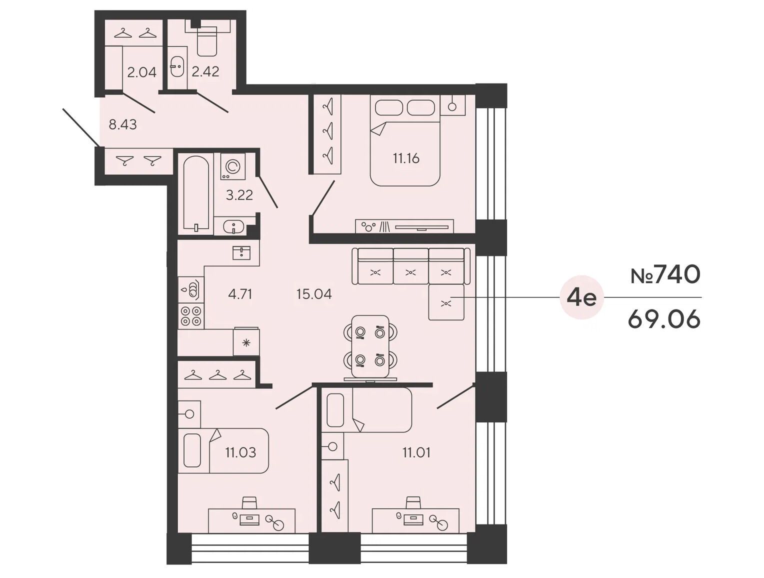 Планировка: 3-комн. квартира 69.06 м² в новостройке Башни Элемент