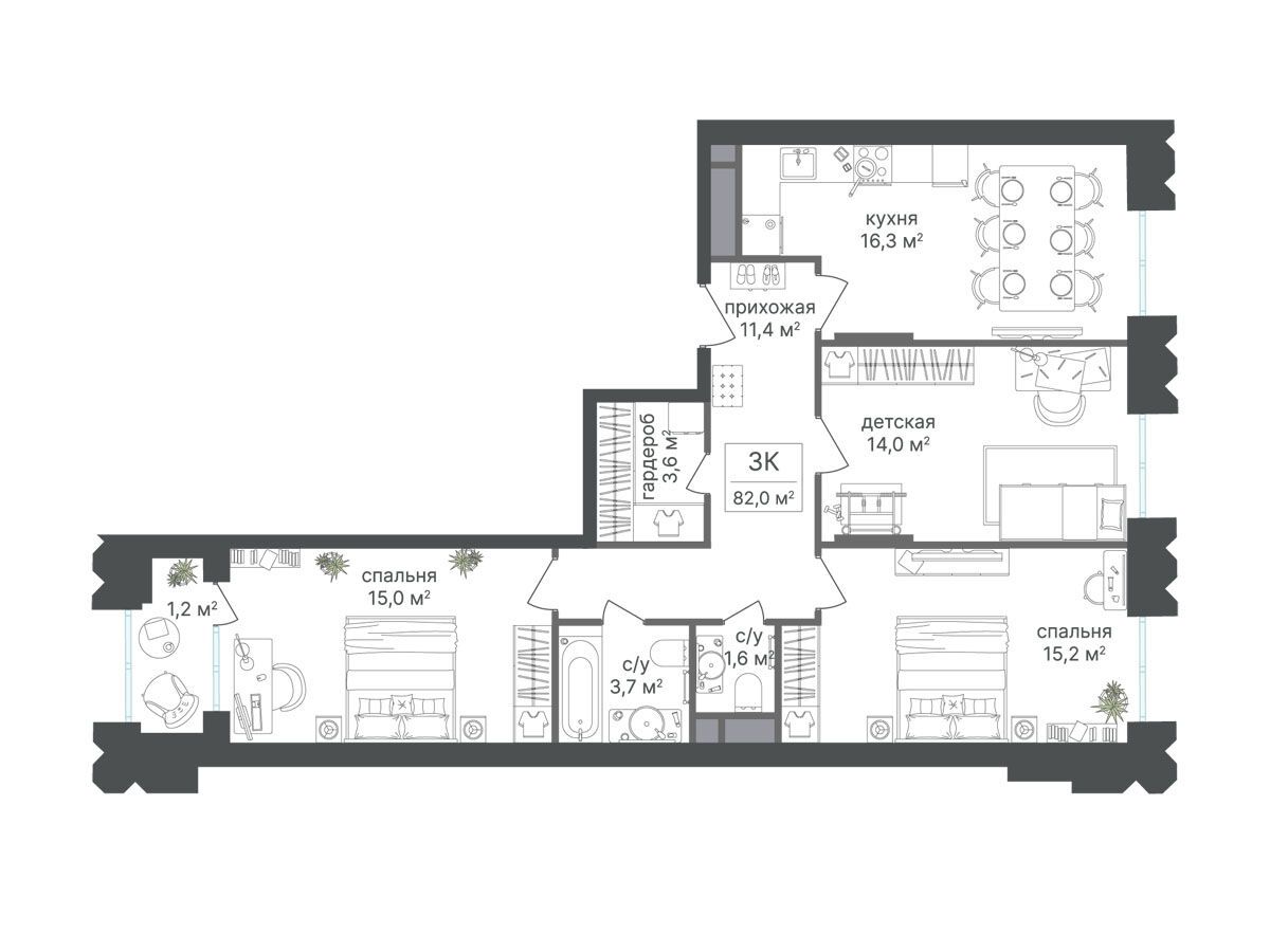 Планировка: 3-комн. квартира 82.10 м² в новостройке Варшавские ворота