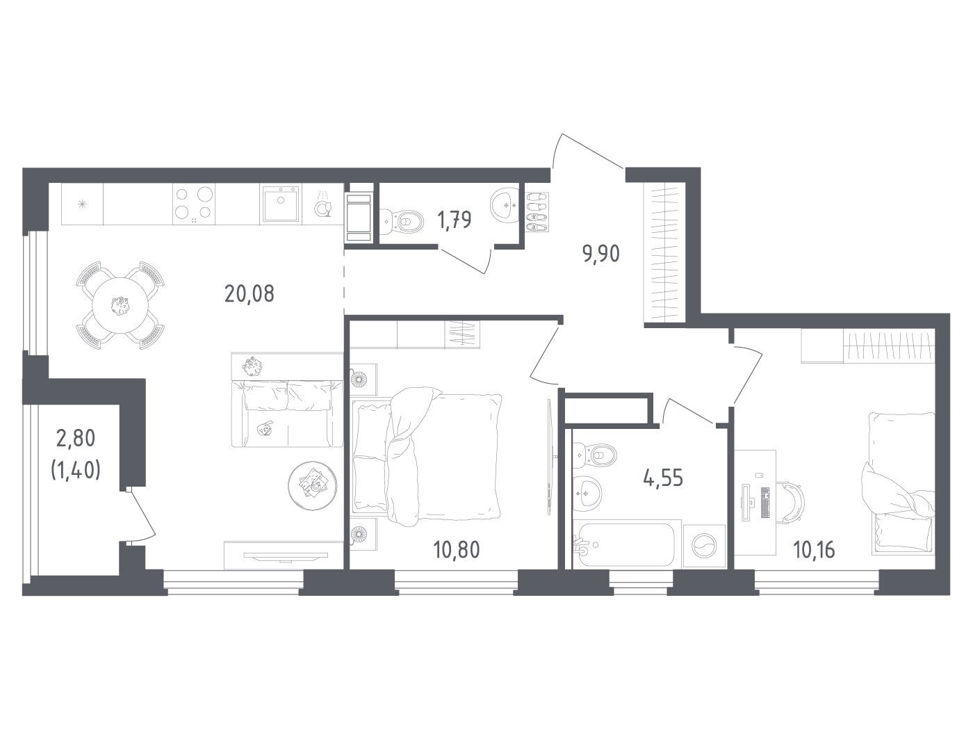 Планировка: 2-комн. квартира 58.68 м² в новостройке Южная Нева