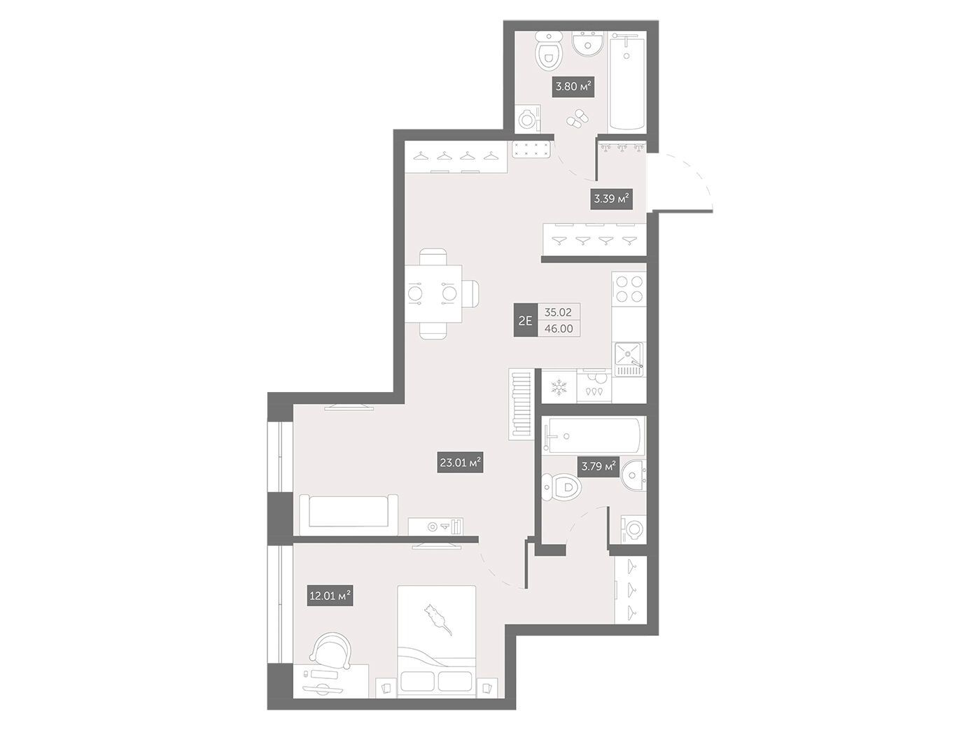 Планировка: 1-комн. квартира 47.90 м² в новостройке Зум Черная речка
