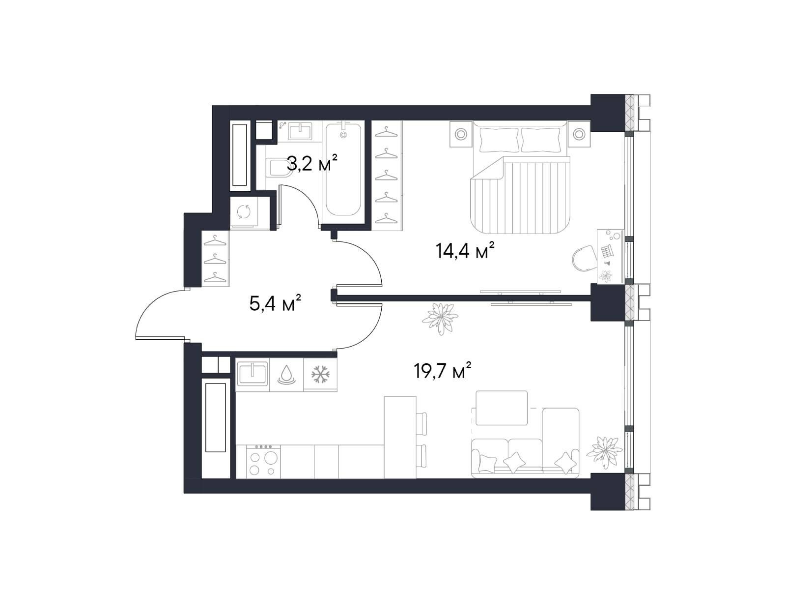 Планировка: 1-комн. квартира 42.70 м² в новостройке Первый Нагатинский